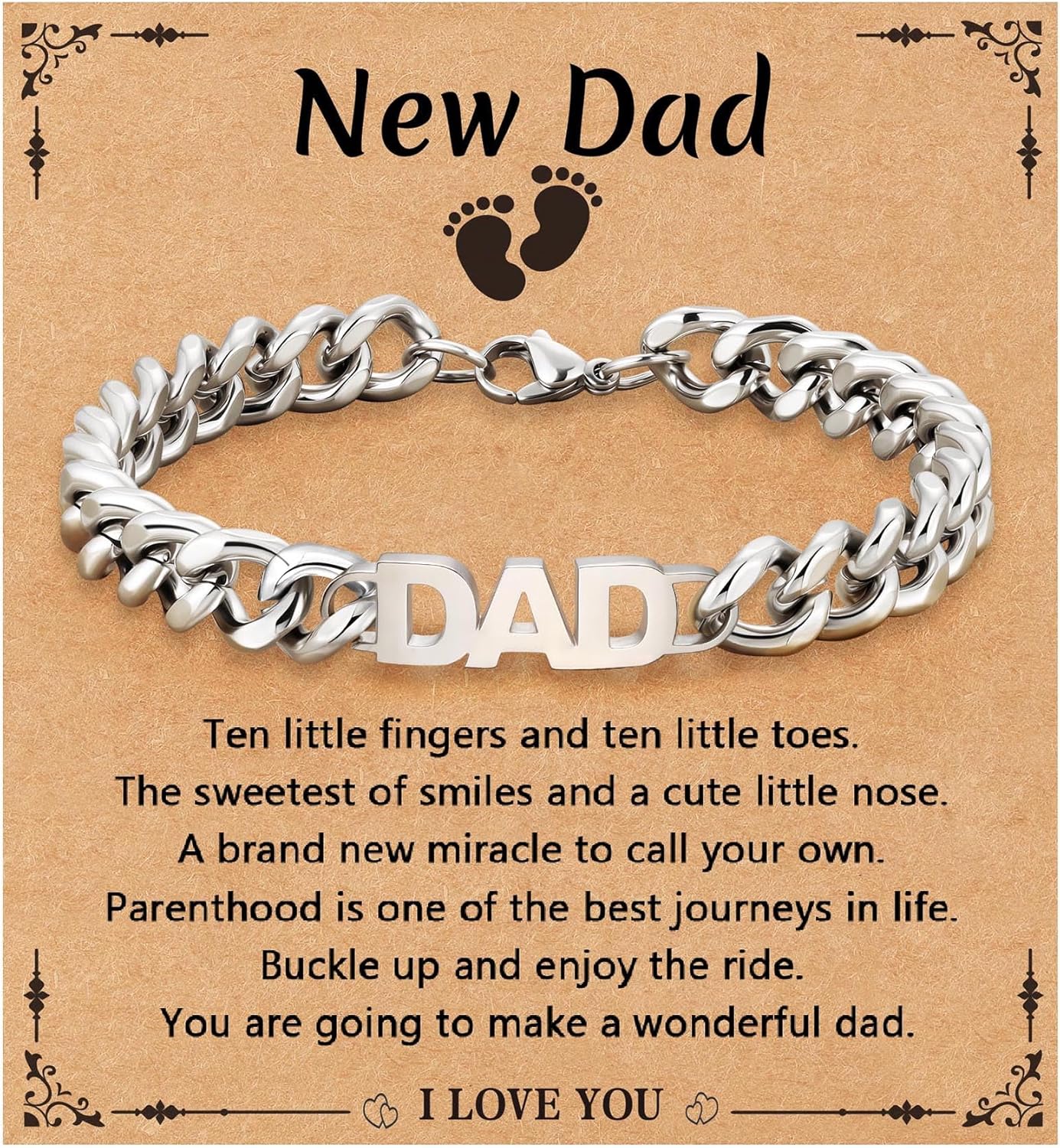 Bracelet for Dad/New Dad/Daddy/Papa/Stepdad/Son, Birthday Gifts Stainless Steel Cuban Chain Jewelry for Men 8.2 Inches