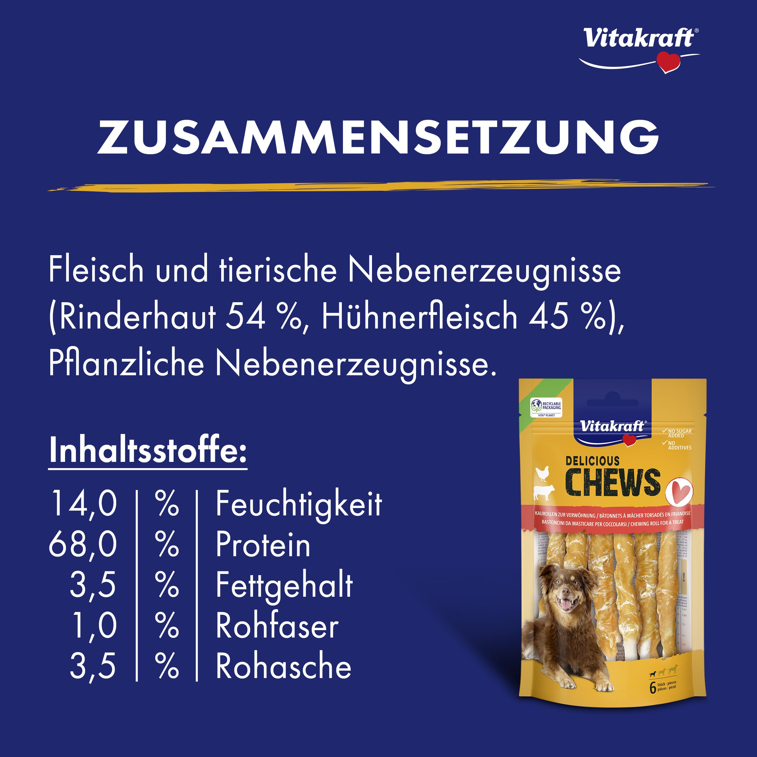 Vitakraft Delicious Chews, Hundekauknochen, Kaurollen aus Rinderhaut umwickelt mit Hühnchenfleisch, zur Beschäftigung, ohne Zusatz von Zucker (10x 70g)
