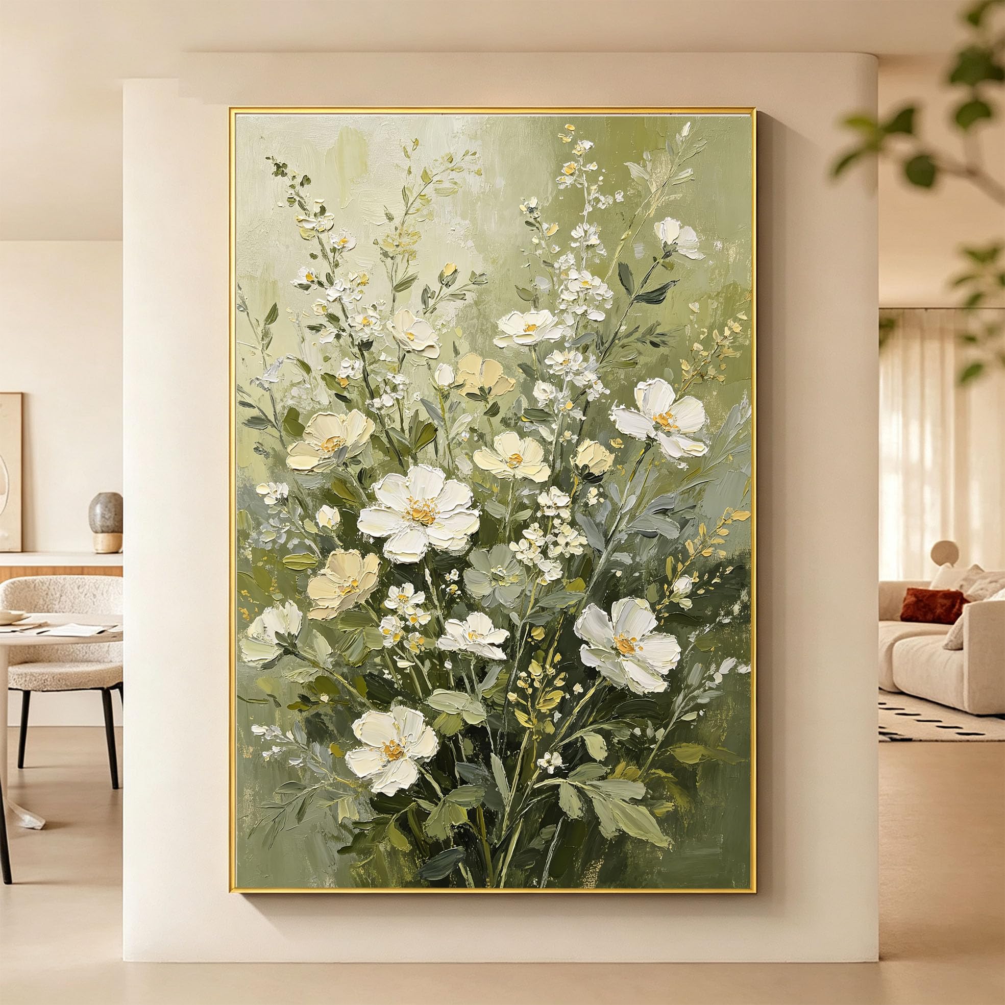 100% Handgemaltes Blumen Ölgemälde, Weiße Blume, Leinwandbild, Rahmenlos, Ästhetisches Botanisches Kunstwerk Für Wohnzimmerdekorationen, 40X60Cm (16X24 Zoll)