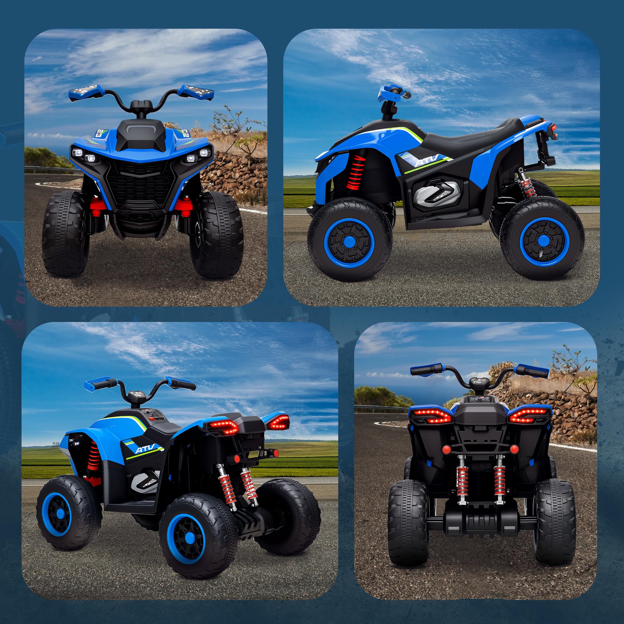 AIYAPLAY Elektro quad dla dzieci 12V 2 silniki 3-6km/h 3-8 lat niebieski | Elektryczny quad dla dzieci, zawieszenie, lampa LED, USB, muzyka