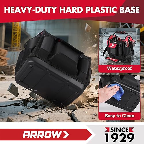 Miniatura 4 de ARROW - Bolsa de herramientas de 12 pulgadas con base dura impermeable, bolsa de herramientas para electricista con 19 bolsillos, tela Oxford 840D,