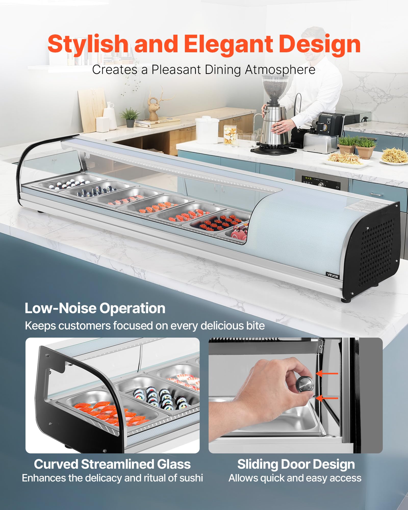 VEVOR Vetrina Refrigerata per Sushi Commerciale da 72 L, 7 Teglie con Vetro Curvo, Illuminazione a LED e Controllo Digitale della Temperatura, Frigorifero per Bancone Ristorante Negozio