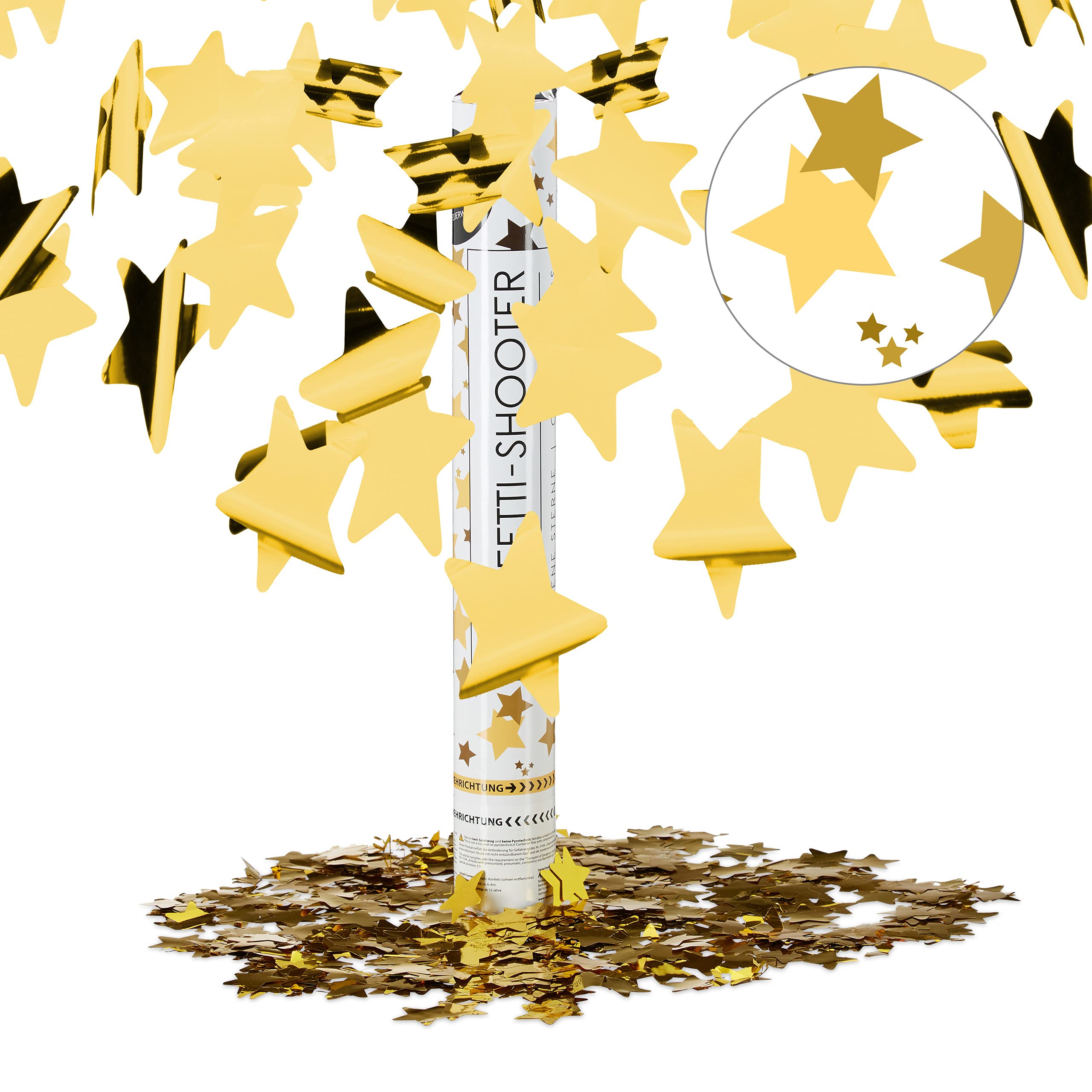 Relaxdays Cañón Confeti de Estrellas, Plástico, Dorado, 40 cm
