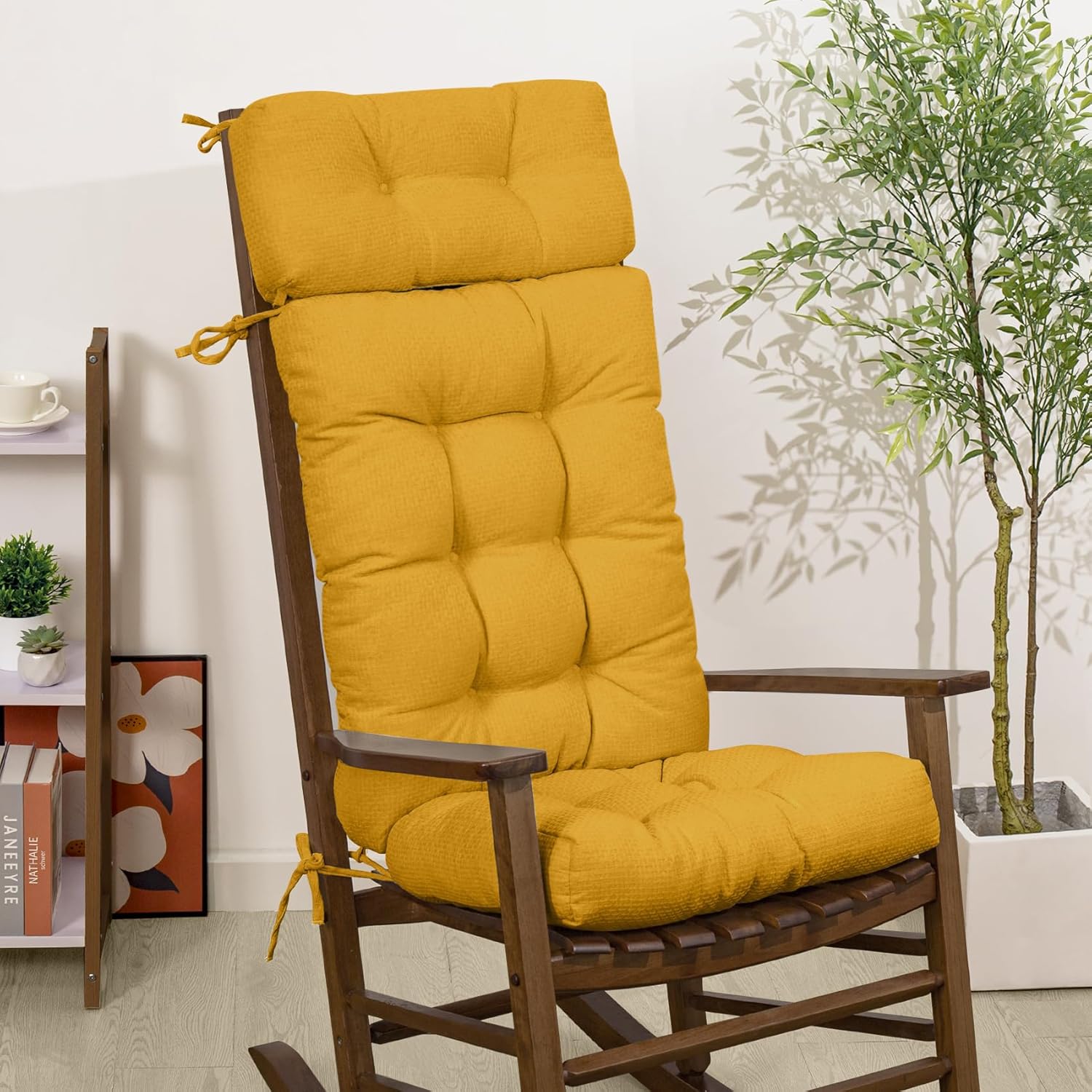 Mudilun Tufted High Back Rocking Chair Cushion with Ties and Removable Neck Pillow - Anti-Slip Seat Cushions for Bedroom, Living Room, Baby Room, Outdoor Patio