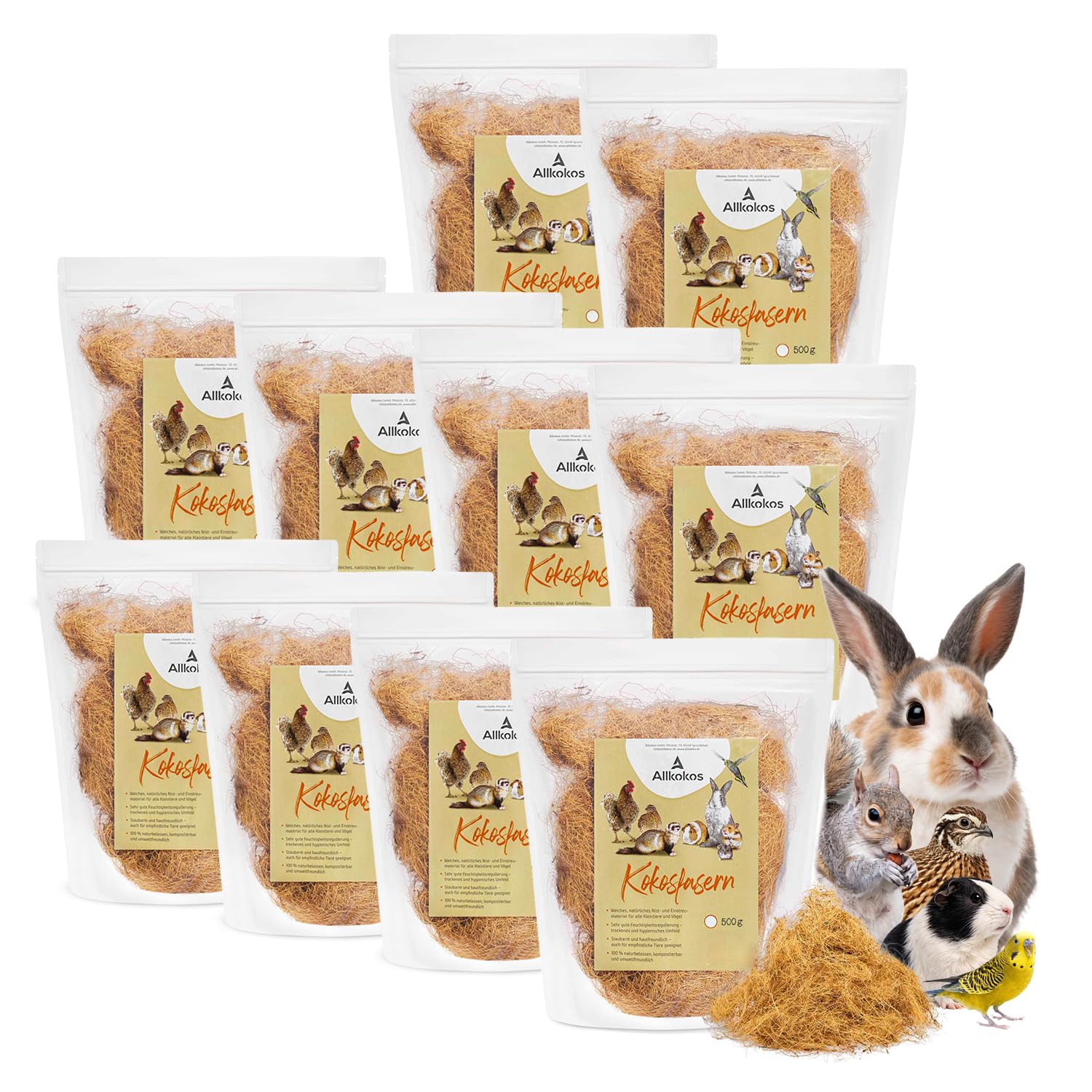 10x500g Kokosfasern als Nistmaterial für Vögel & Kleintiere | 100% natürliche Kokosfaser zum Nestbauen, für Tunnel- und Gangbau – staubarm, weich und vielseitig einsetzbar