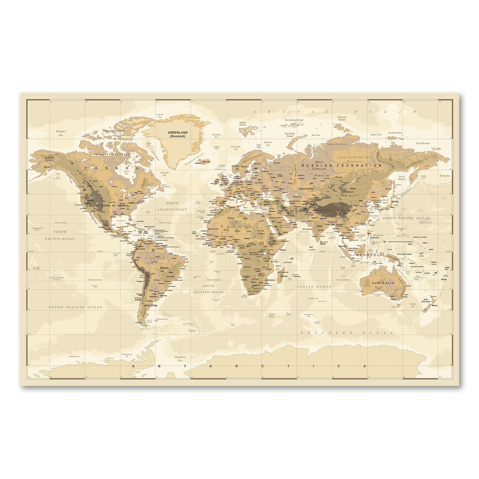 Postereck - 0610 - Alte Vintage Vektor Weltkarte, Länder Kontinente - Unterricht Klassenzimmer Schule Wandposter Fotoposter Bilder Wandbild Wandbilder - Leinwand - 75,0 cm x 50,0 cm