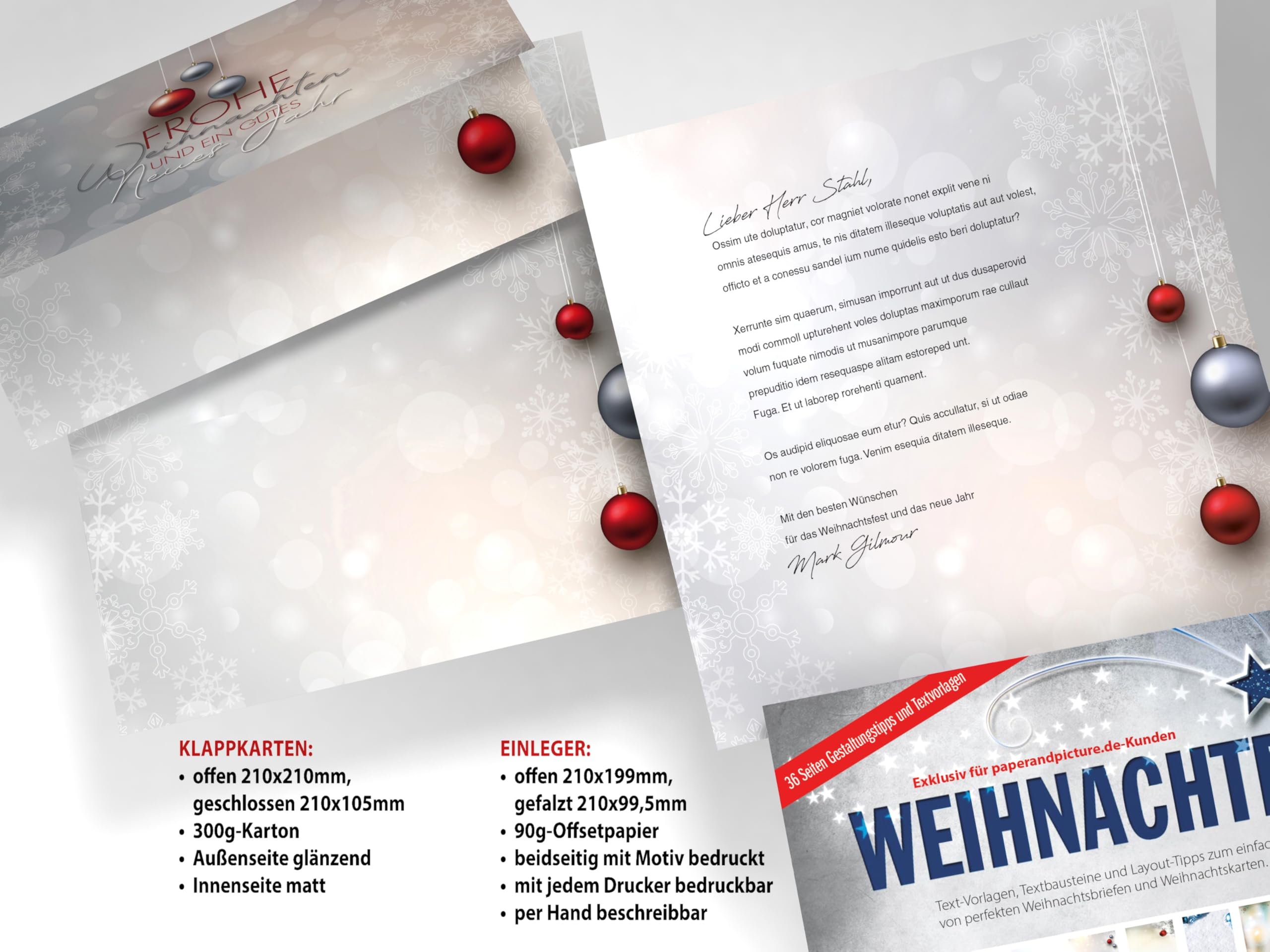 Weihnachtskarten Komplett-Set | Weihnachtskugeln Rot und Silber | 50 Karten-Sets mit Einleger und Kuvert | weihnachtliche Klappkarten