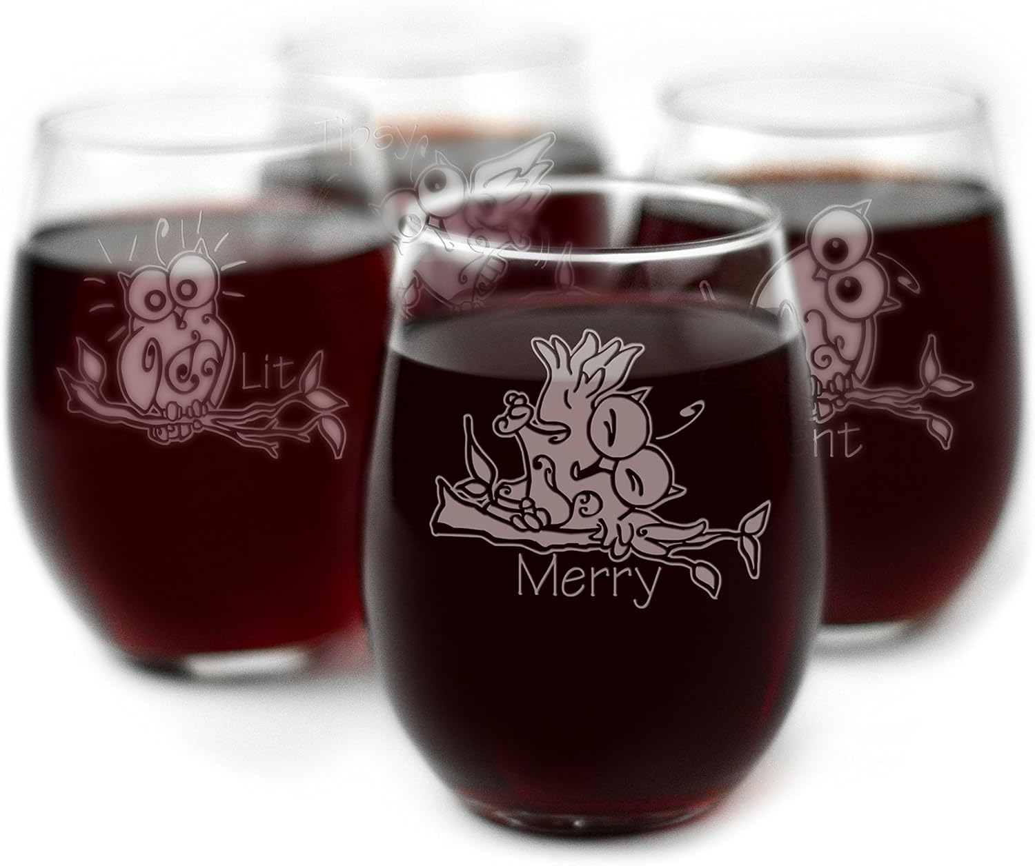 Drunk Owl Themed Engraved Stemless Wine Glasses - Set of 4
