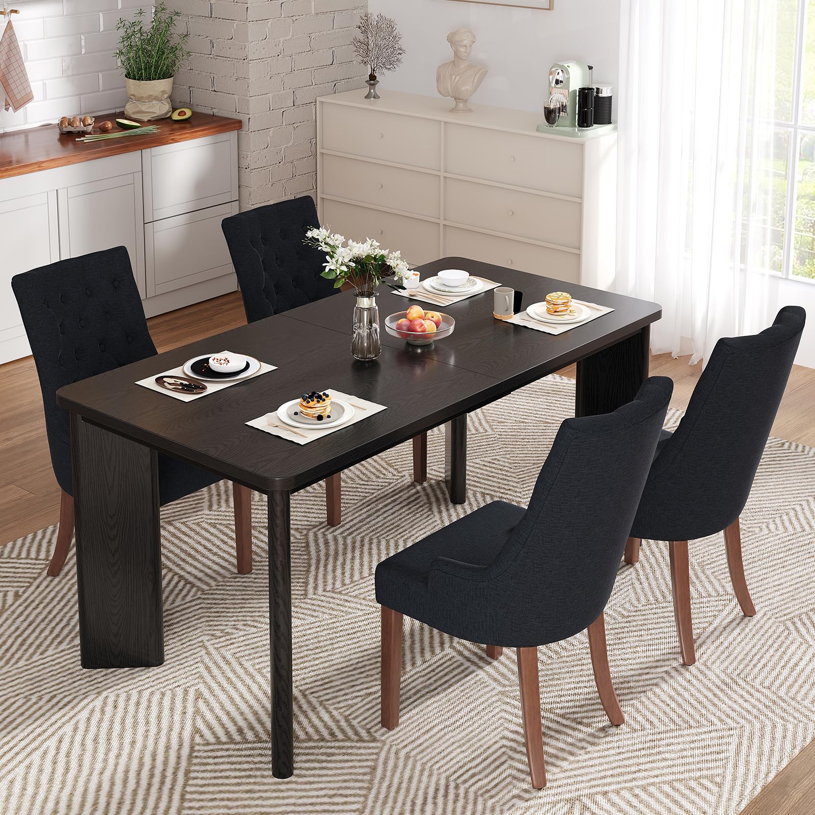 MALOL 5-Piece Rectangular Dining Table Set for 4, 63" Industrial Kitchen Table with 4 Tufted Parsons Dinner Chairs for Dining Room, Kitchen, Living Room, Black+Black