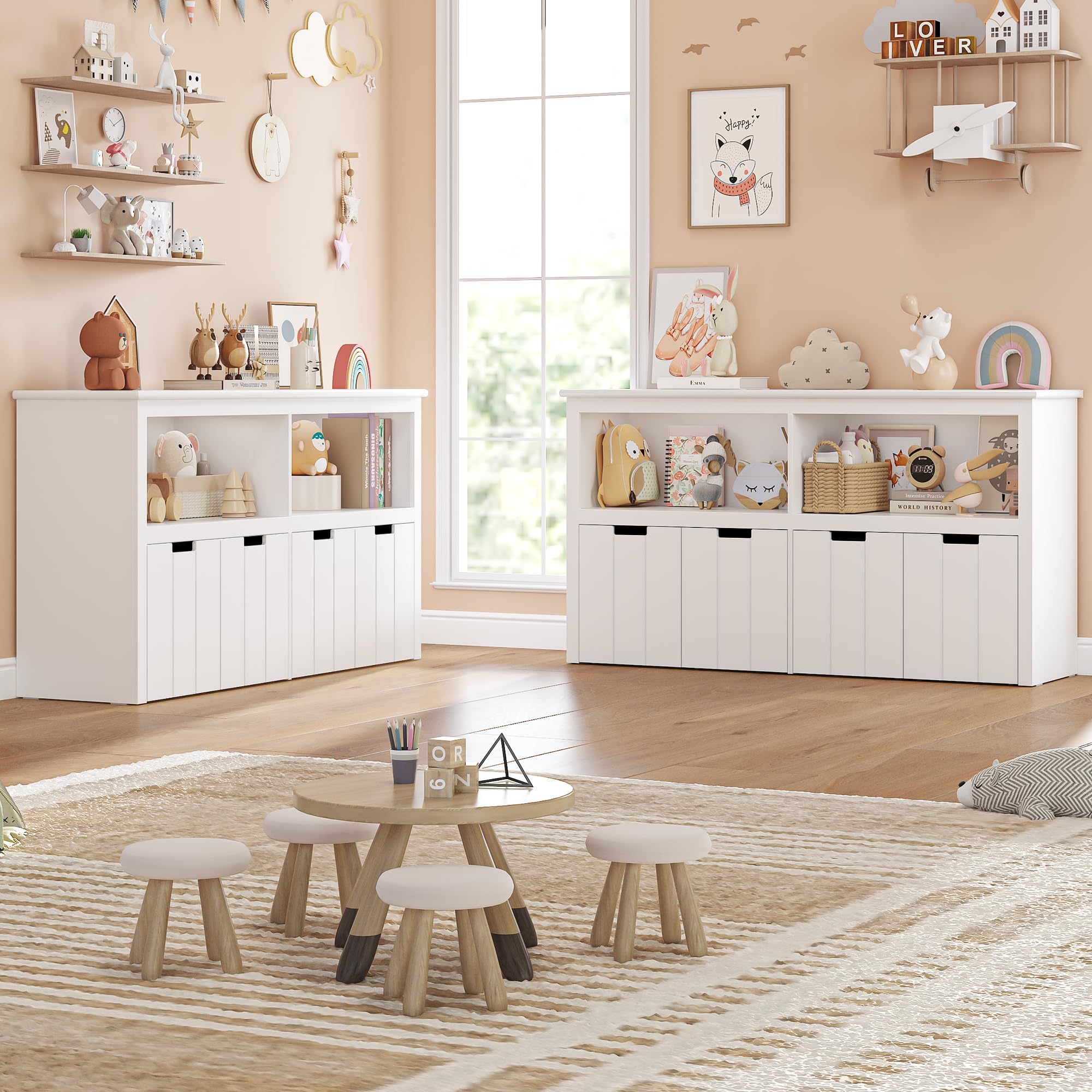 FOREHILL Kinderregal mit Boxen auf Rollen, Spielzeug Aufbewahrung Kinderzimmer Möbel, Spielzeugregal, Kinderschrank, Regal weiß mit 4 Boxen, Aufbewahrungsbox für Kinder 120 x 61,5 x 33cm weiß