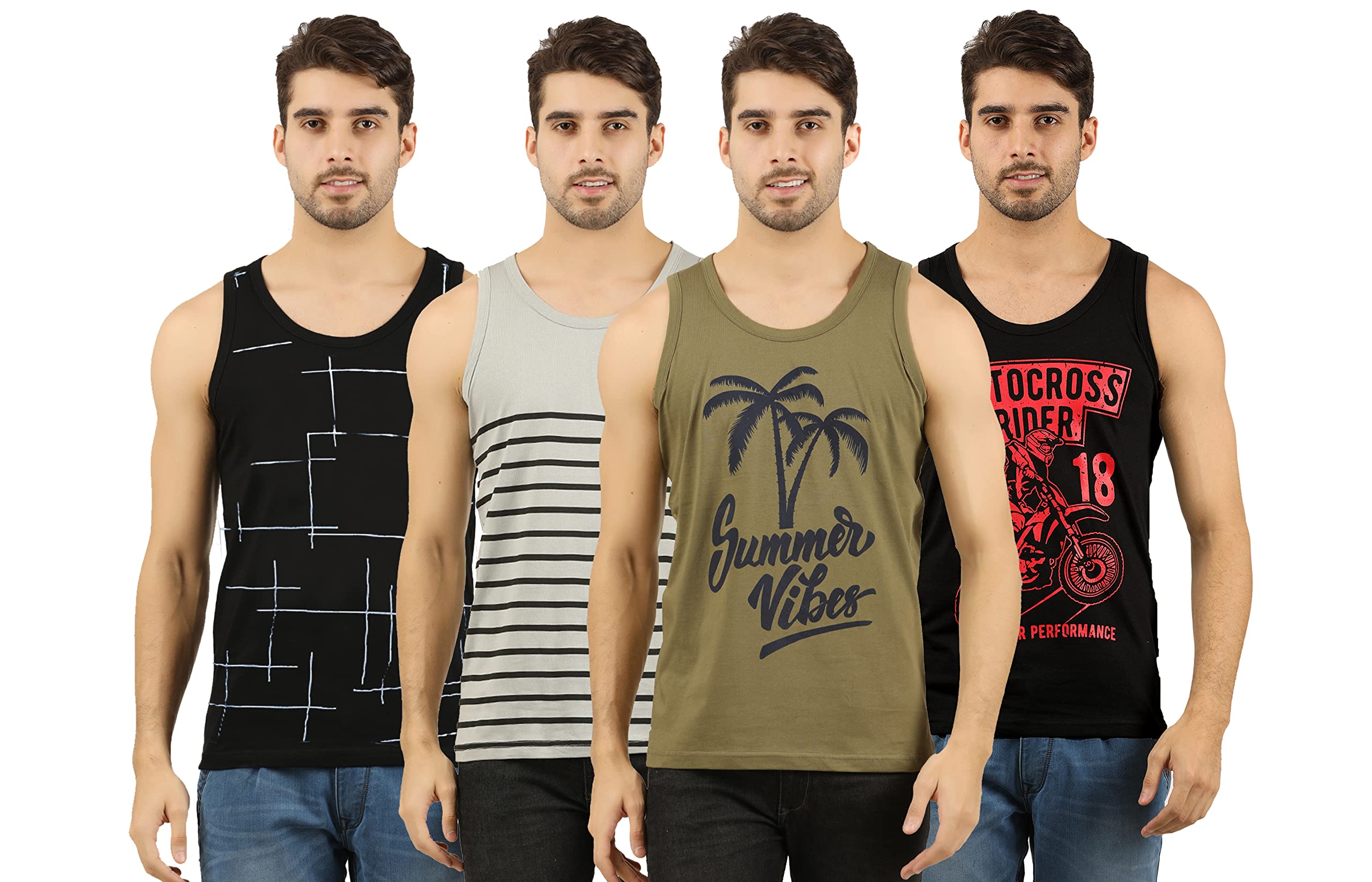 the archer Men's Cotton Printed Sleevless T-Shirt Combo (Pack of 4) (15-16 Years, Black,Gry,Olive,Black-2)-picture-35