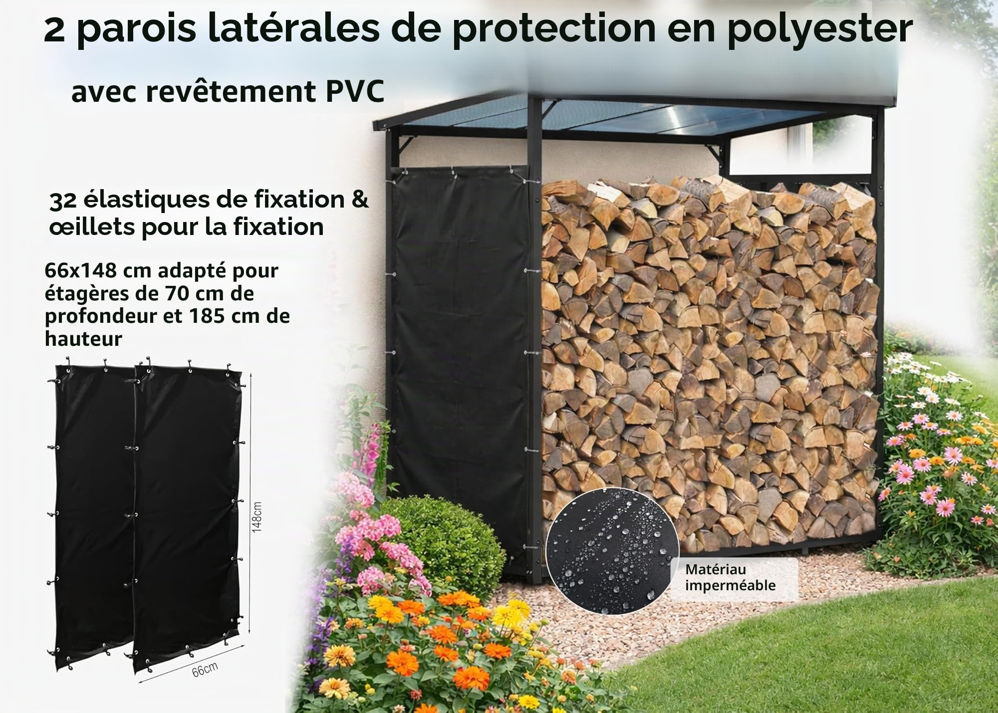 QUICK STAR Kit de protection contre les intempéries 66 x 148 cm 2 côtés pour étagères à bois de cheminée T/H 70 x 185 cm