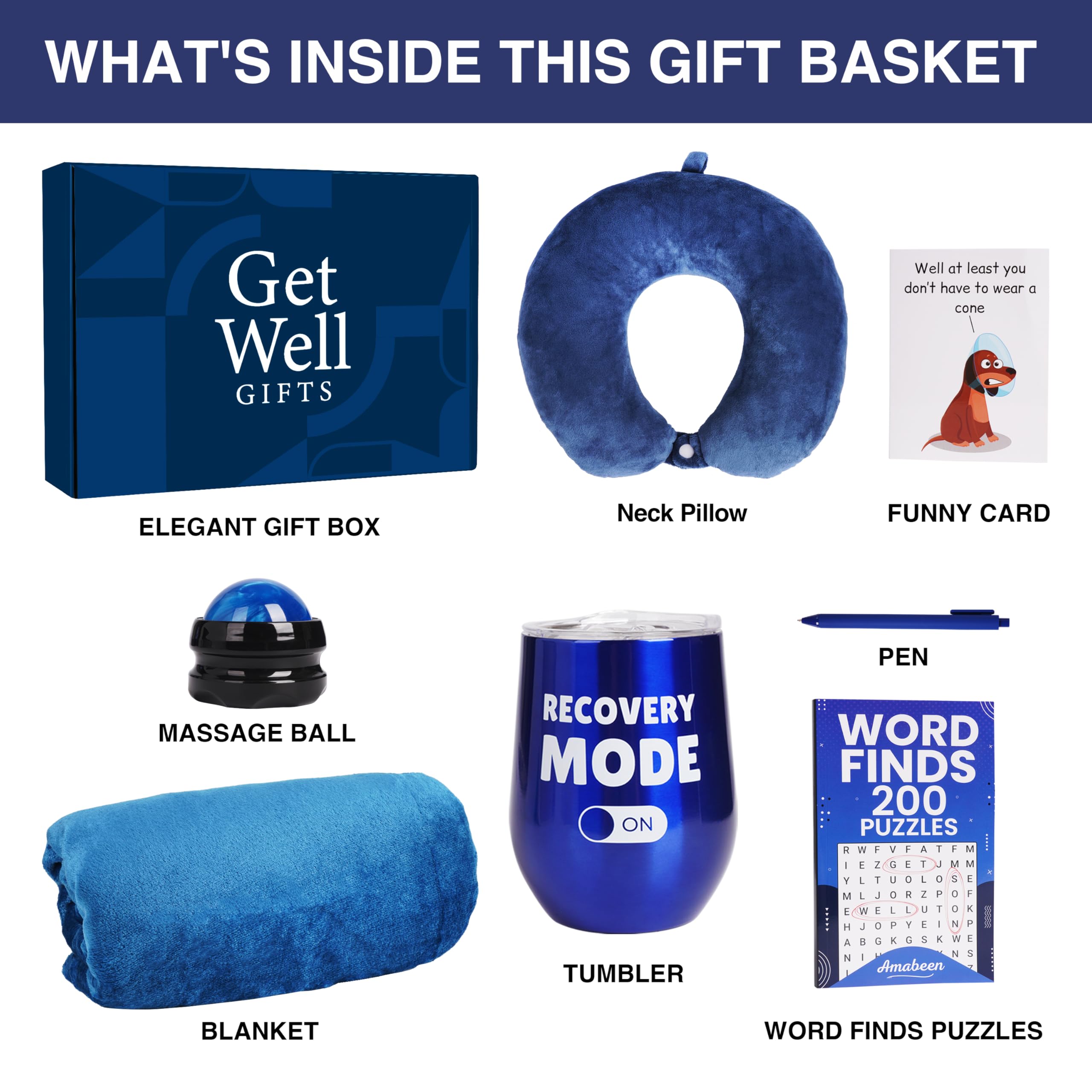 Cesta de regalo Get Well Soon para hombre, vaso aislado, manta de felpa, almohada para el cuello, rodillo de masaje, libro de rompecabezas, tarjeta de felicitación divertida, bolígrafo, paquete de