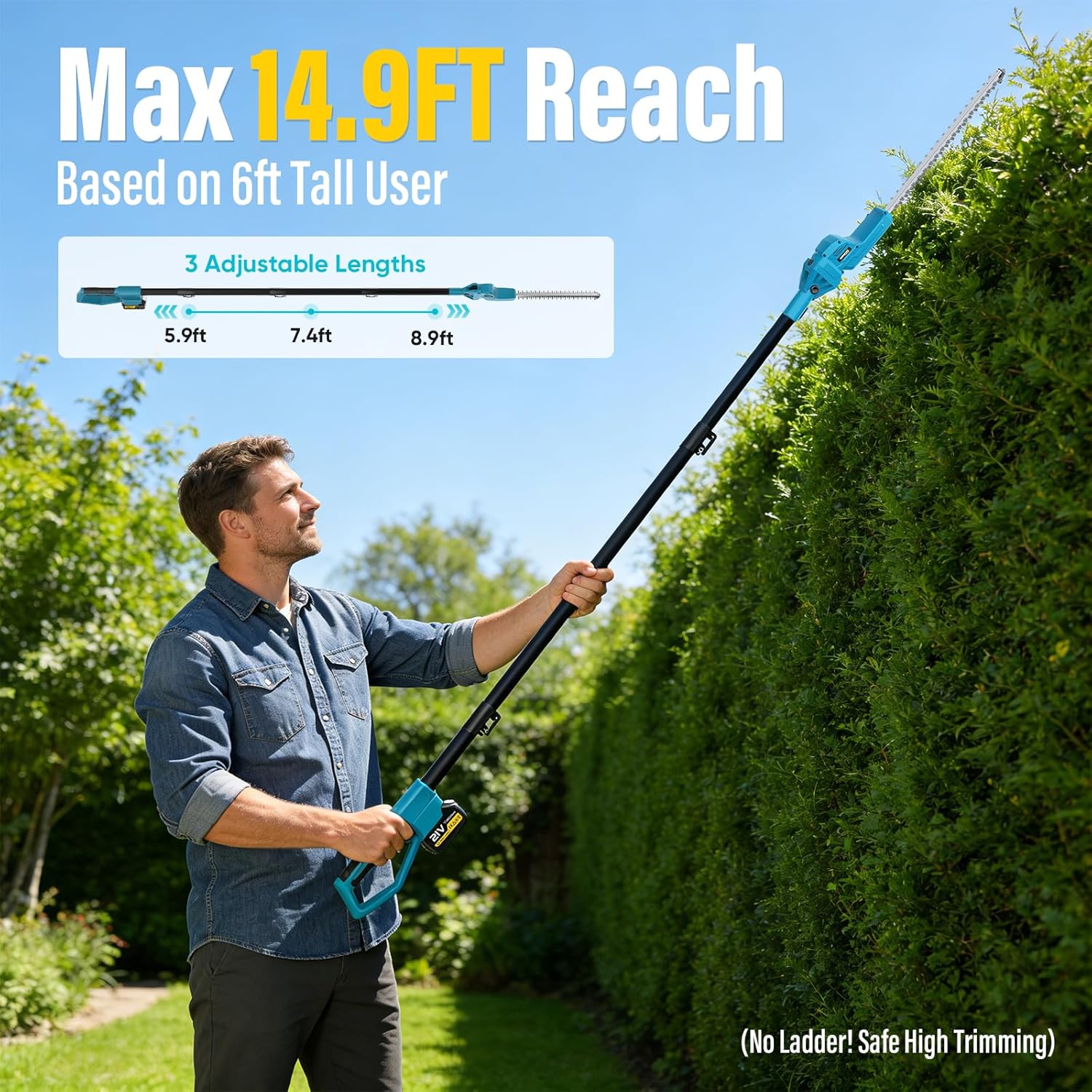 Brushless Pole Hedge Trimmer Cordless, 20.5" Dual-Action Blade, 180° Adjustable Head Electric Bush Trimmer, 2×4000mAh Batteries, Up to 14.9FT Reach Battery Powered Hedge Trimmers for Shrubs Pruning