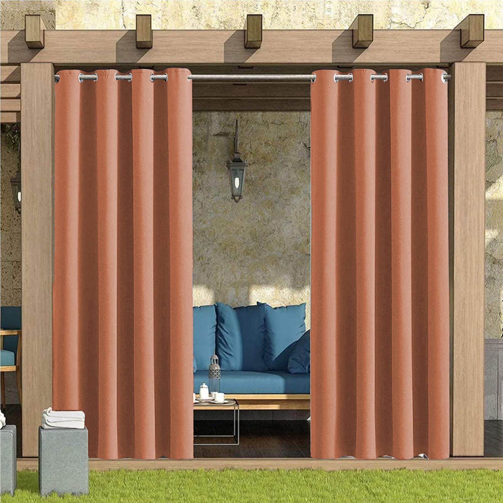 RDJSHOP Rideaux Imperméable D'extérieur, 2 Pièces Rideau Occultant avec Oeillet Rideau Isolant Thermiques pour Pergola, Porche Avant, Cabanon, Gazebo, Chambre,Orange-213x241cm(WxH)