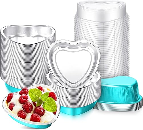 Juego de 50 moldes para tartas con forma de corazón de 9 onzas para el día de San Valentín de 54 pulgadas de papel de aluminio con tapas desechables