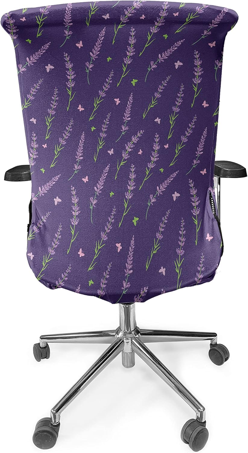 Ambesonne Dark Purple Office Chair Cover, Lavender and Butterflies Patterns Springtime Floral and Blossoming, Stretchable Decorative Universal Size High Back Printed Slipcover, Pale Pink Lime Green