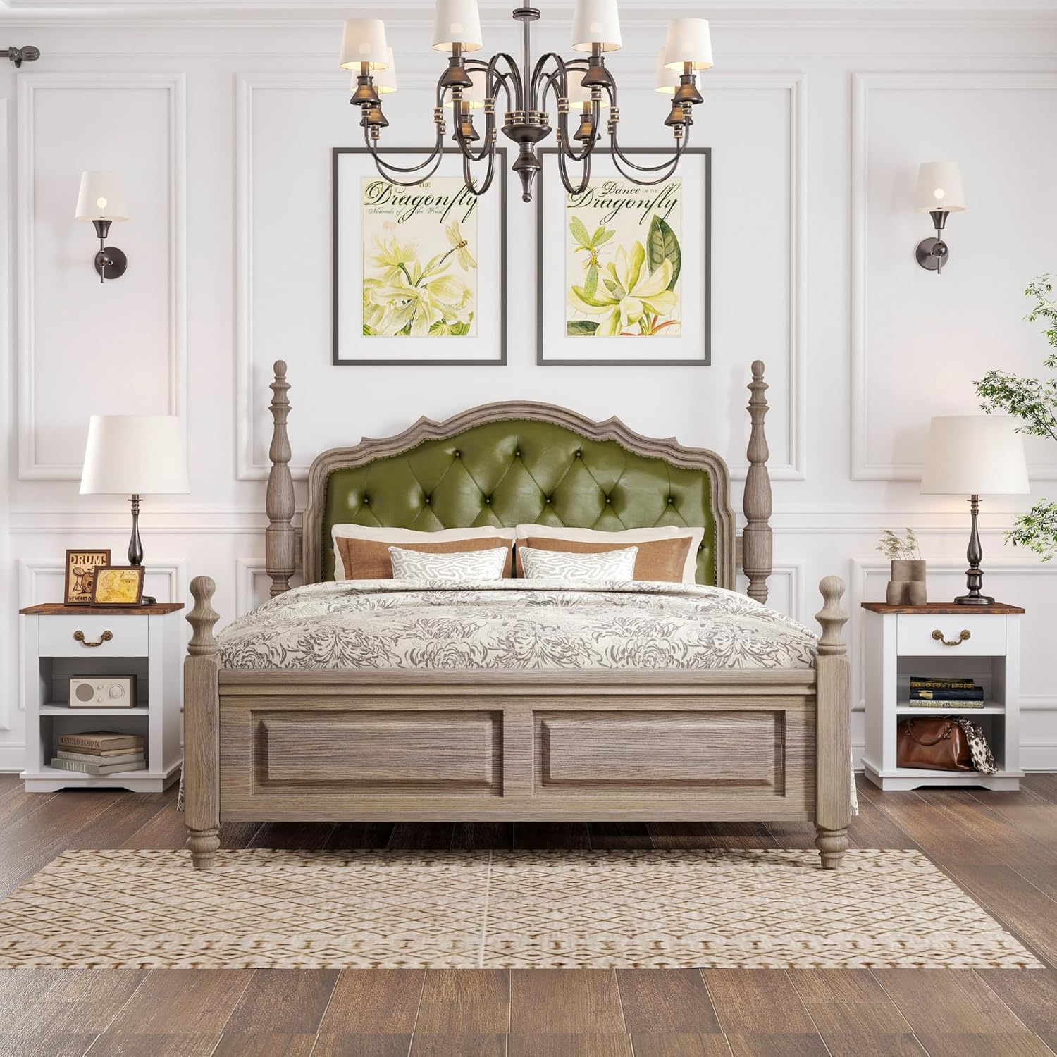 19" Farmhouse Nightstand Wooden Side Bedside Table with Drawer, Open Compartment, End Table with Optional Adjustable Shelf for Bedroom, Rustic White and Brown