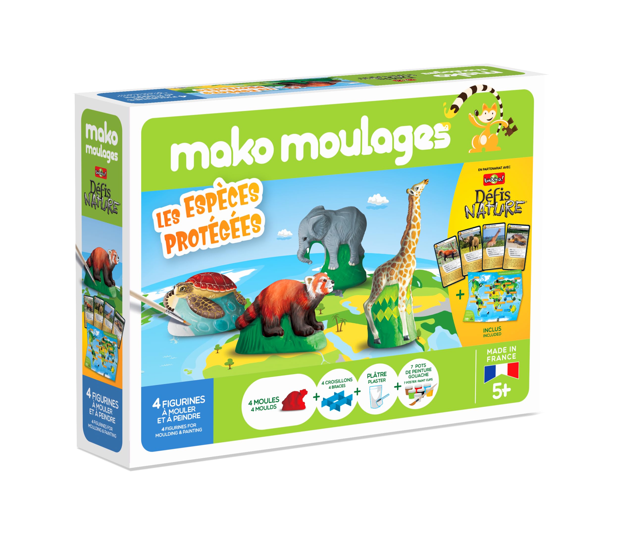 mako moulages - Les Espèces Protégées 2 - Partenariat Bioviva - 4 Moules en Plâtre à Peindre - Panda Roux, éléphant, Girafe et tortue - Kits Loisirs Créatifs Pour Enfants - Made in France - Dès 5 ans