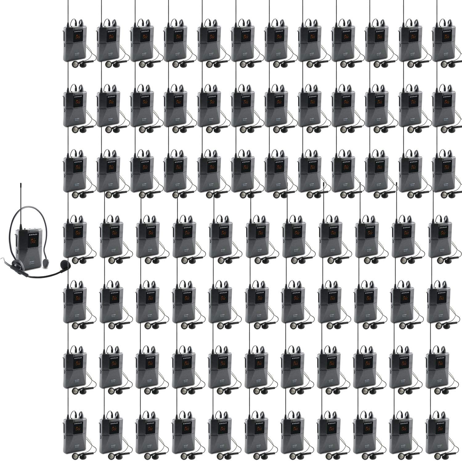 EXMAX UHF-938 UHF Acoustic Transmission Wireless Headset Microphone Audio Tour Guide System for Church Translation Teaching Travel Simultaneous Interpretation.(1 Transmitter and 80 Receivers)