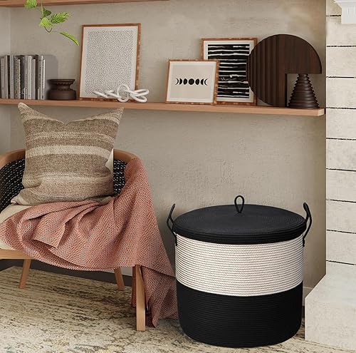 Miniatura 8 de Cestas de almacenamiento extra grandes de 21 x 18 pulgadas, cestas de cuerda con tapa, cesta de manta para sala de estar con tapa, cestas para