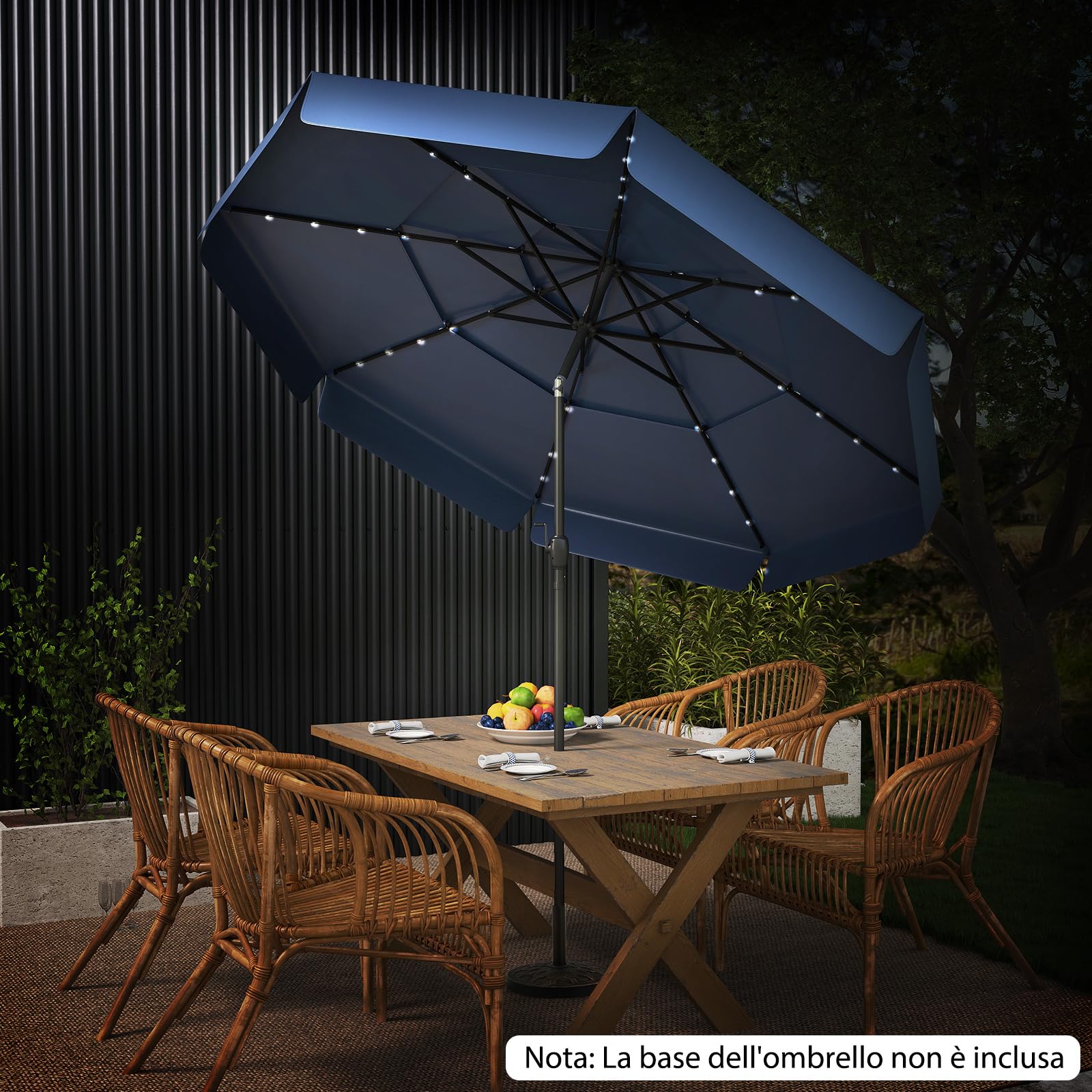 COSTWAY Ombrellone da Giardino 300 cm, 32 Luci Led Solari, con Regolazione Inclinazione, Manovella e 8 Stecche, Anti-UV, Tettuccio Ventilato a 3 Livelli (Blu, 32 Luci)