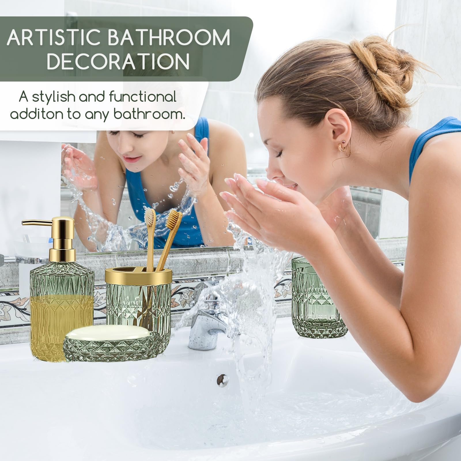 Juego de accesorios de baño verdes, 5 piezas de decoración de baño de cristal, dispensador de jabón de diamante, jabonera, soporte para cepillo de dientes, vaso de baño, tarros de hisopo de algodón,