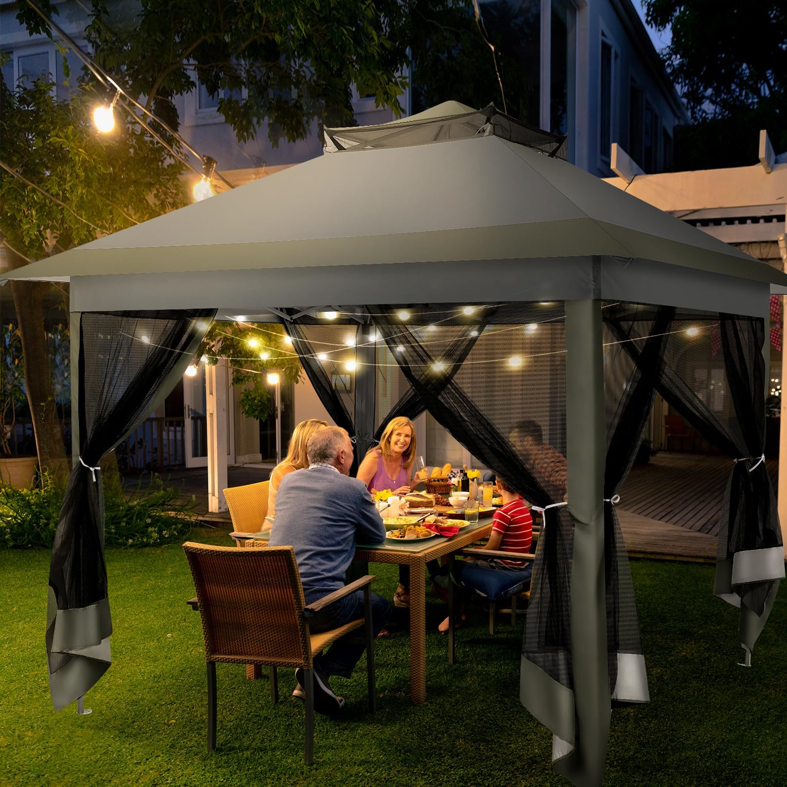 COBIZI Gazebo pop-up 10x10 da esterno con zanzariera Gazebo da patio con pareti laterali per giardino, campeggio, feste, cortile con parte superiore ventilata, custodia, sacchi di sabbia