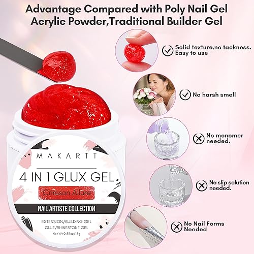 Miniatura 3 de Makartt Constructor de gel sólido para uñas, 0.5 onzas líquidas, extensión de uñas con purpurina fina roja 3D, pegamento de uñas UV para uñas a