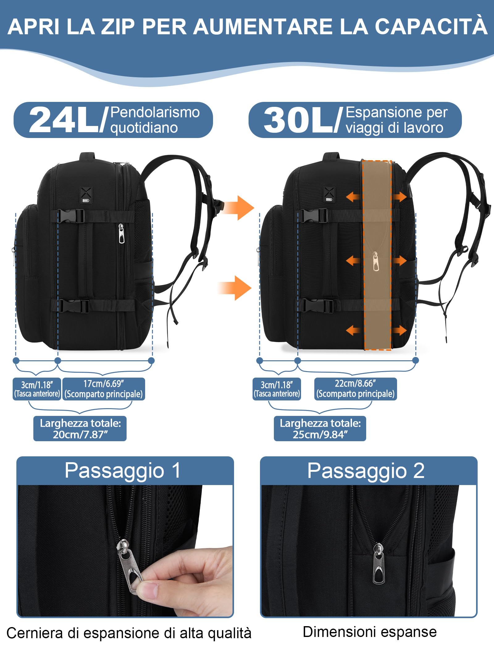 Zaino Ryanair 40x30x20 Bagaglio a Mano per Wizzair/Vueling (24-30L Espandibile) Zaini da Viaggio Cabina,Borsa Aereo Porta PC Laptop 15.6" Per Donna,Uomo,Trekking e Lavoro.Travel Backpack Nero