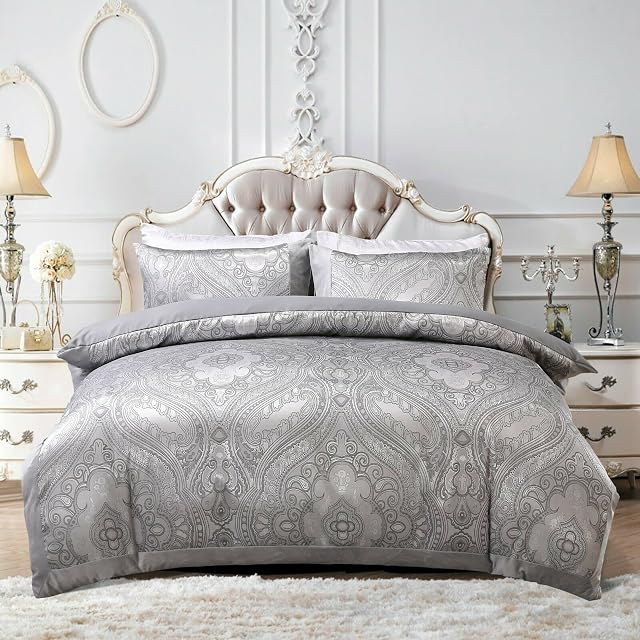 STHL Luxury Duvet Quilt Cover 3 Piece Jacquard Bedding Set with Matching Pillow Cases Double Silver