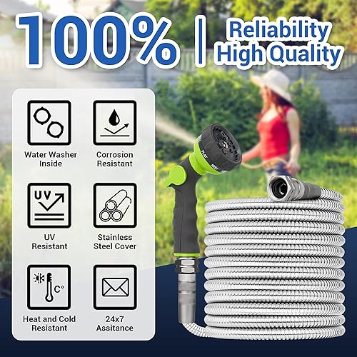 Miniatura 7 de Manguera de jardín de metal, manguera de agua de acero inoxidable resistente de 75 pies con boquilla de pulverización de 8 modos, accesorios de 34
