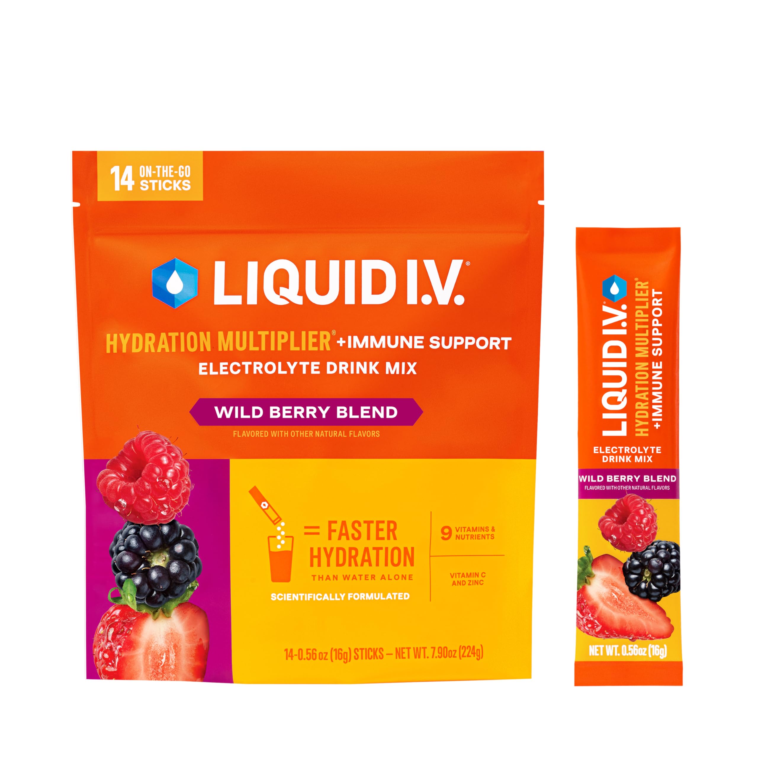 Liquid I.V.Hydration Multiplier +Immune Support - Wild Berry Blend | Electrolyte Powder Drink Mix | 1 Pack (14 Servings)