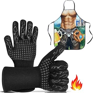 BBQ Gloves+ Apron suit,800 ℃/1472 ℉ Extreme Heat Resistant Oven Gloves Grilling Gloves,Man Kitchen Gloves for Cooking BBQ Baking(Black）