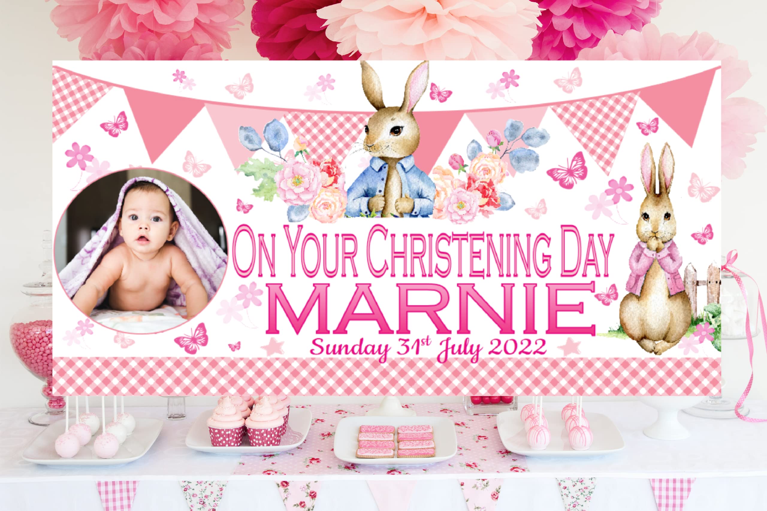 Personalised Christening Banner Party Backdrop 4ft Large 4ftx2ft Baptism Party Decorations Rabbit Bunny Any Name boys girls Blue Pink Welcome Sign