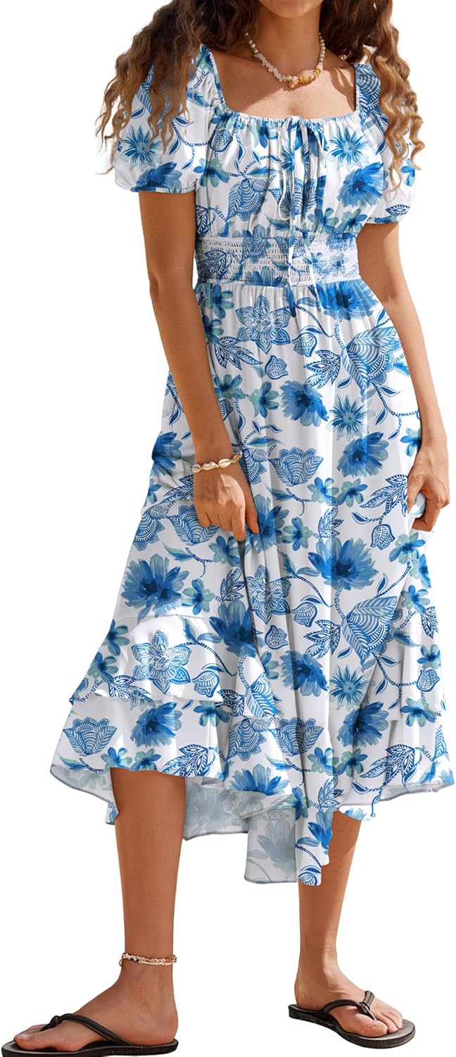 Kate Kasin Womens Summer Boho Floral Maxi Dress 2026 Square Neck Puff Sleeve Smocked Flowy A Line Beach Wedding Guest Dresses