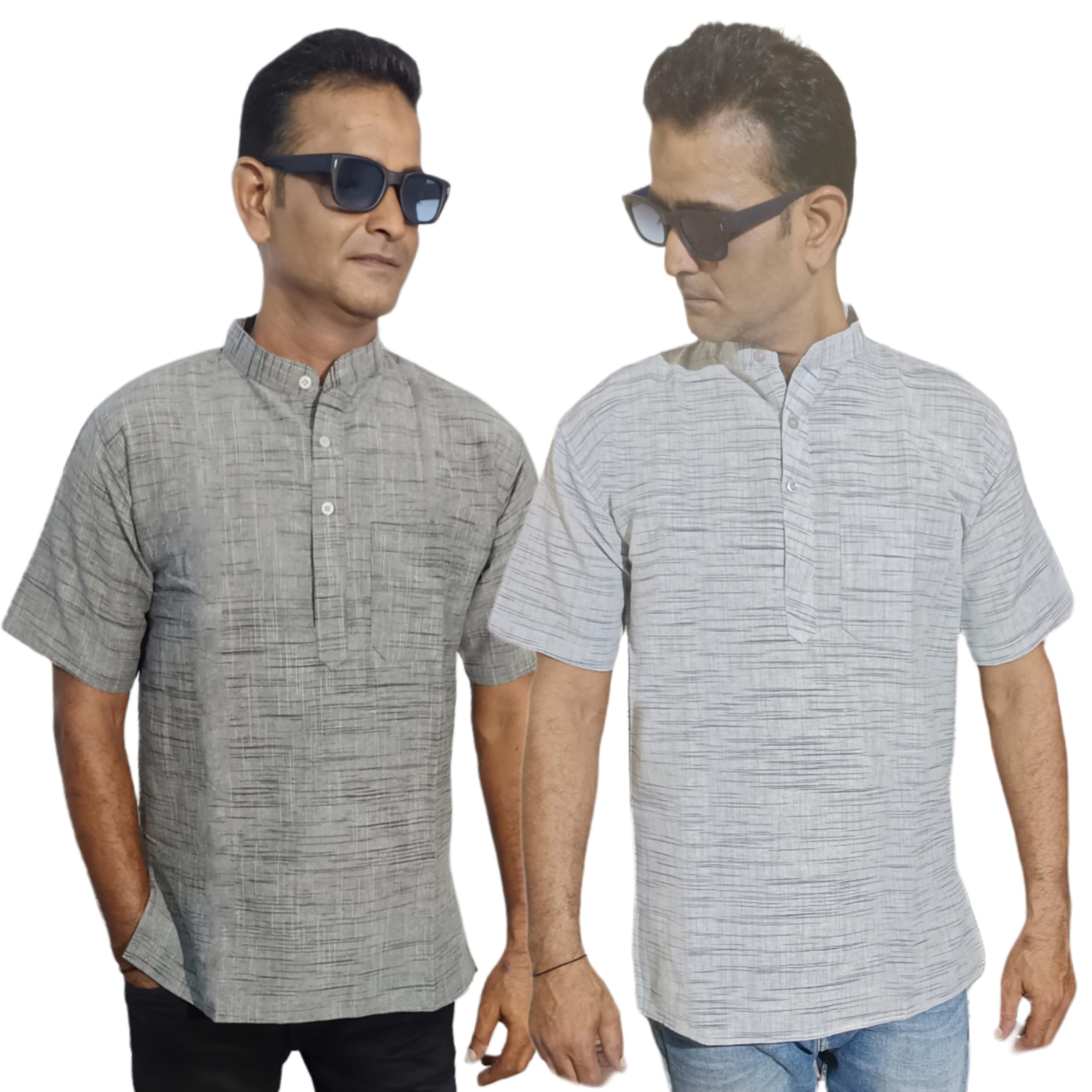 Men's Cotton Blend Short Kurta with Chest Pocket, Half Sleeve, Stylish Texture Pattern, Pack of 2-picture-23