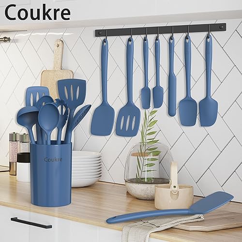 Miniatura 37 de Coukre Juego de utensilios de cocina de silicona con soporte, resistentes al calor, herramientas de cocina de grado alimenticio, espátula, cuchara