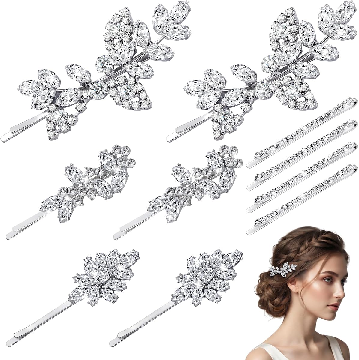 Janinka 10 Pcs Rhinestone Hair Clips Bobby Pins Set,Rhinestone Style | Crystal Leaf Clips for Bride Women Girls, Wedding Bridal Barrettes for Short Hair, Elegant Decorative Accessories