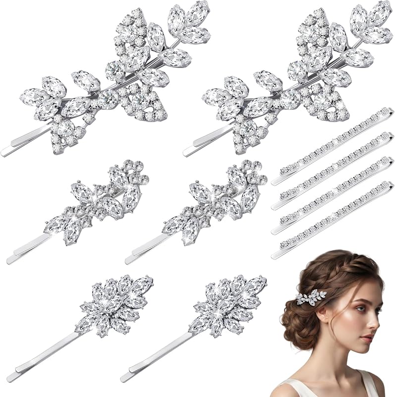 Janinka 10 Pcs Rhinestone Hair Clips Bobby Pins Set,Rhinestone Style | Crystal Leaf Clips for Bride Women Girls, Wedding Bridal Barrettes for Short Hair, Elegant Decorative Accessories