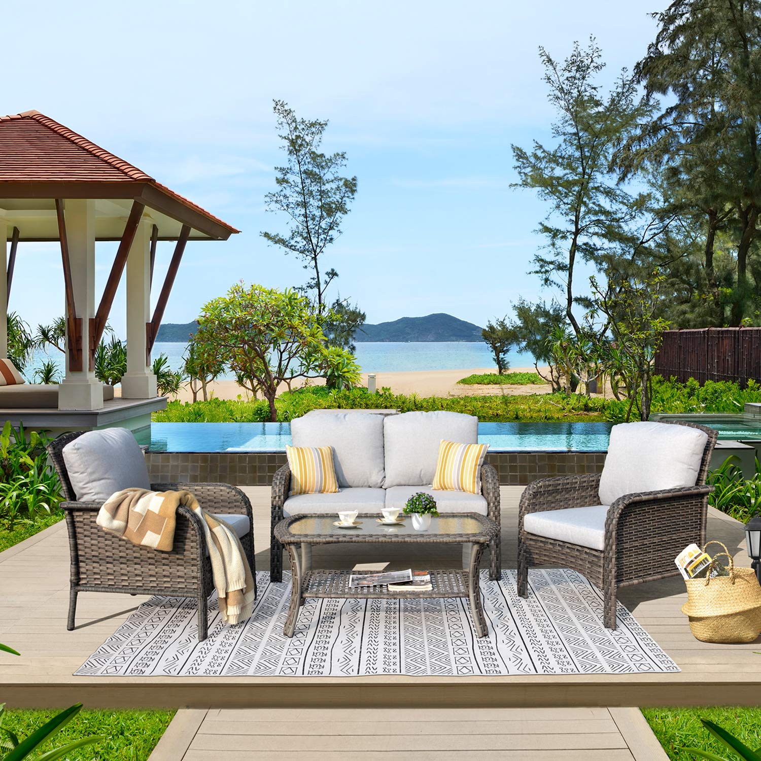 ovios 4 Pieces Patio Furniture Set, Outdoor Wicker Sofa with Coffee Table, Chairs, All Weather High Back Rattan Loveseat Couch with Comfy Cushions, Grey