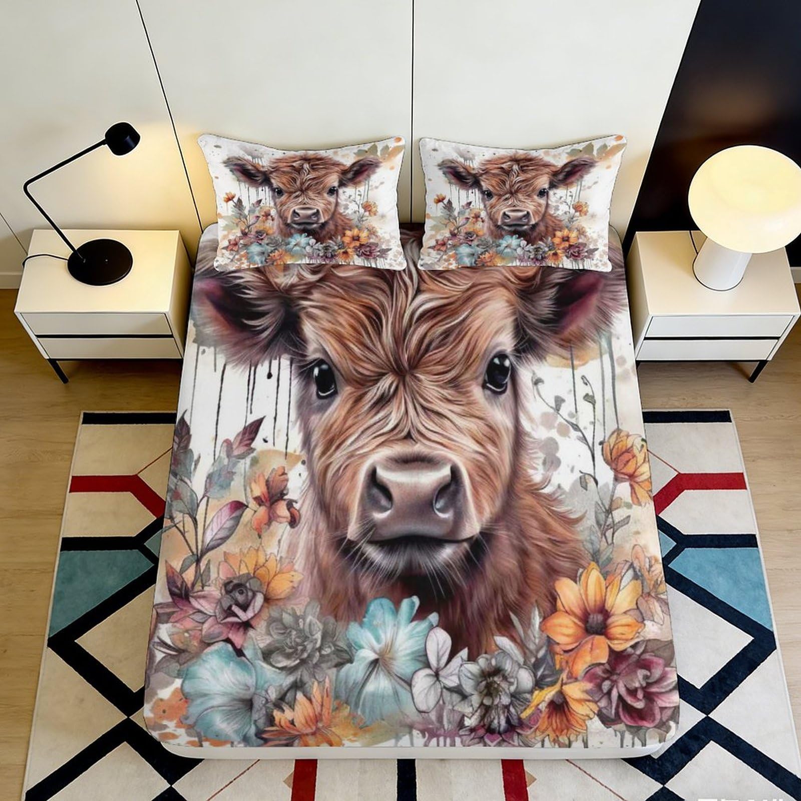 3D Printed Highland Cow Fitted Sheet Microfiber Soft Floral Forest Mattress Cover for Bedroom Dorm Room Decor 90x200x25cm