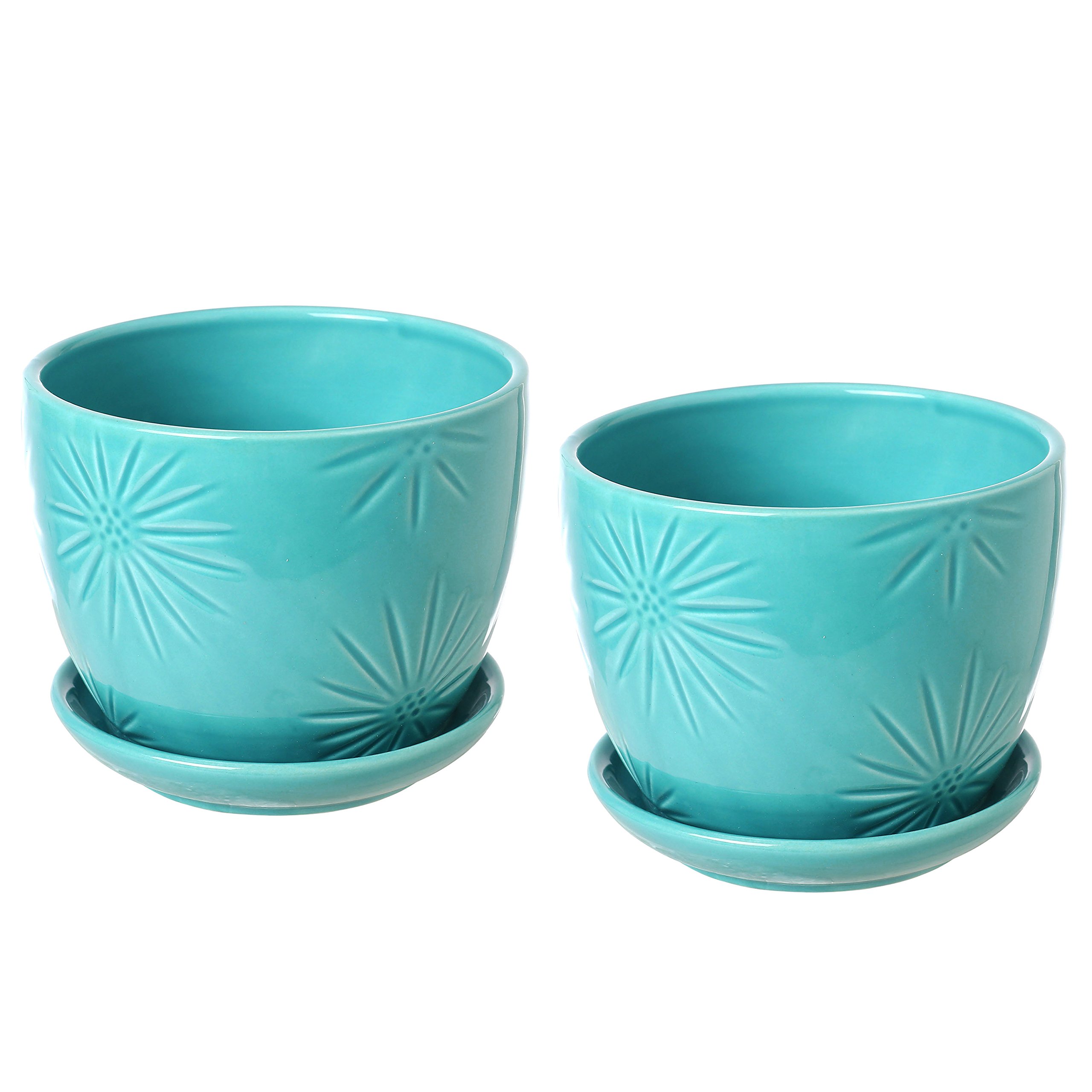 Amazon.com: MyGift Aqua 陶瓷室內植物花盆帶排水孔和裝飾旭日