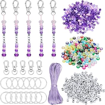 BEEFLYING 750 Pcs DIY Bead Keychain Kit Key Chain Making Crafts Letter Beads Strings Adjustable Alphabet Key Ring Jewelry Backpack Accessories Holiday Party Festival Favor Gift Purple