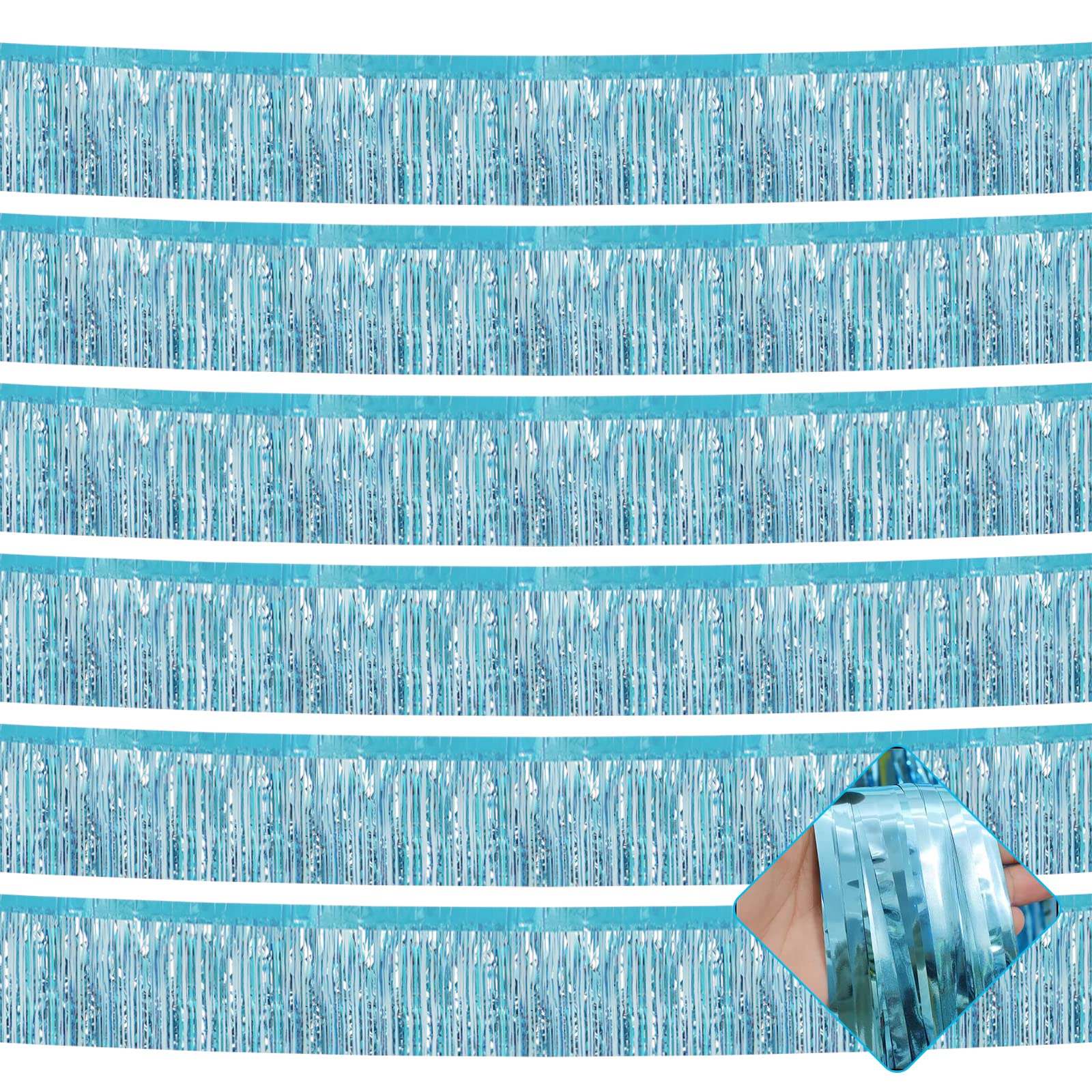 6 Pack 10 Feet Foil Fringe Garland Metallic Tinsel Streamers Banner Wall Hanging Curtain Backdrop for Parade Floats, Bachelorette, Wedding, Birthday, Halloween, Christmas Party Decorations(Light Blue)