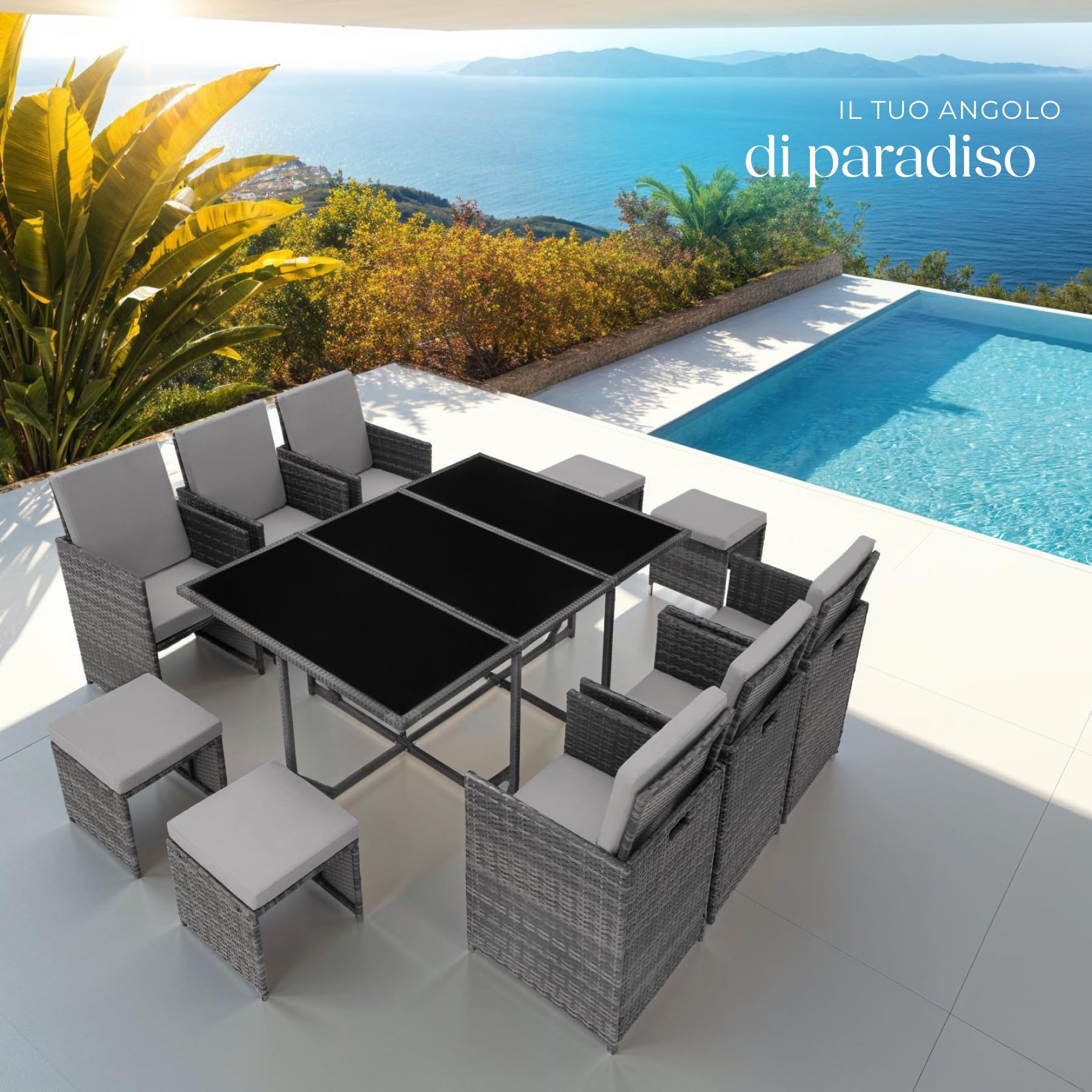 Tectake Set di Mobili Poli Rattan 6 Sedie 1 Tavolo Vetro 4 Sgabelli Involucro Protettivo Giardino Grigio