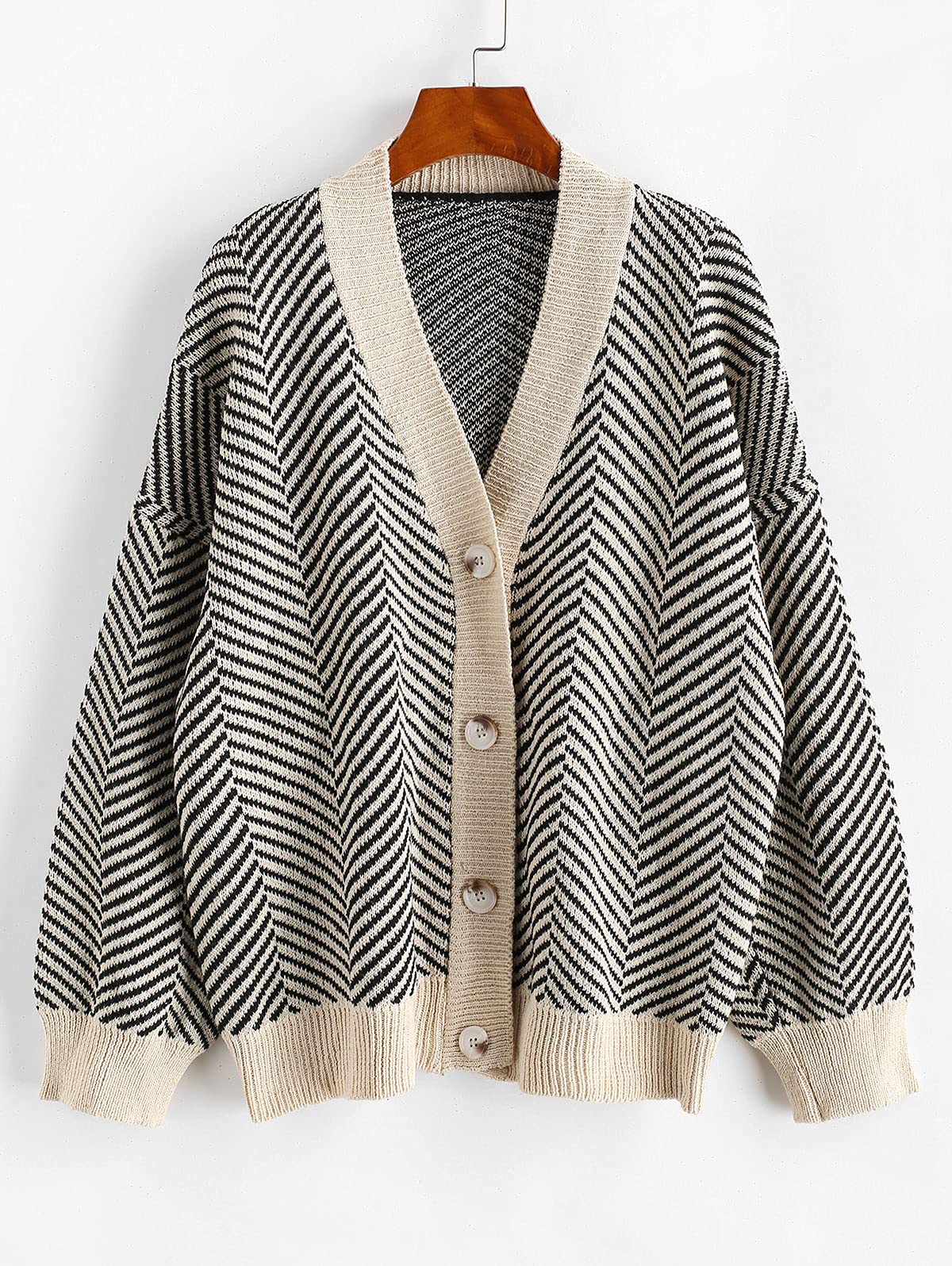 ZAFUL Gestreift Überdimensioniert Lose Gemütlich Cardigan Damen Elegant Button Up Langarm Schulter absetzen V-Ausschnitt Cardigan für Herbst Winter