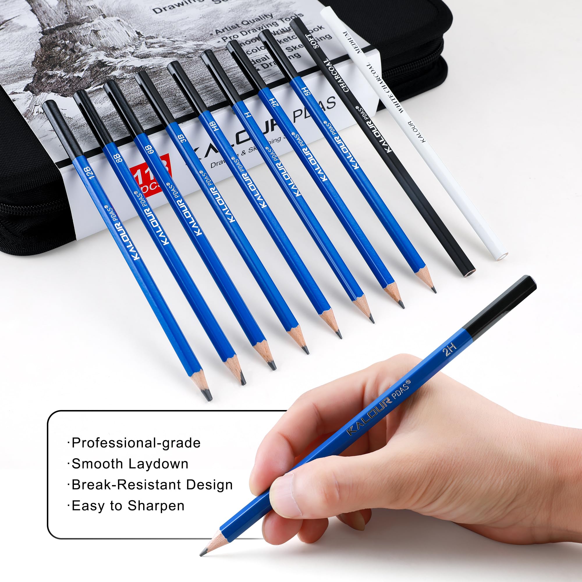 KALOUR Set da disegno professionale da 113 pezzi, set per schizzi con matite grafite e a carboncino, quaderno da schizzo a 3 colori, figura in legno, accessori artistici in astuccio per principianti e