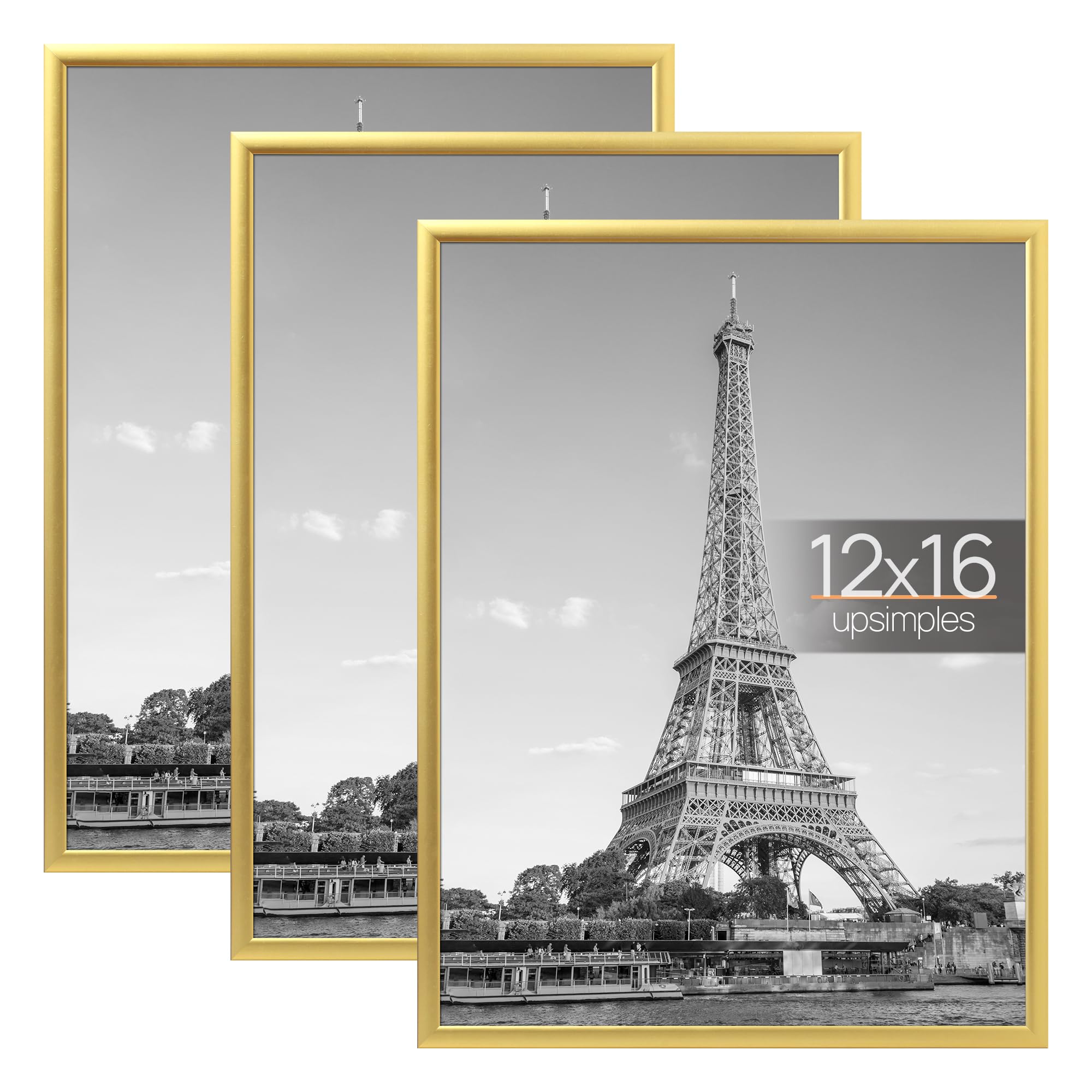 upsimples 12x16 Frame Gold 3 Pack, Picture Frames 12 x 16 for Horizontal or Vertical Wall Mounting, Scratch-Proof Wall Gallery Poster Frame