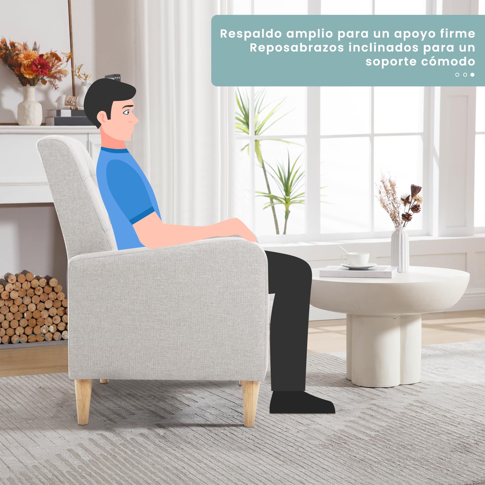 WOLTU Sillon de Relax, Butaca Orejera con Respaldo Alto, Sofá Individual con Reposabrazos, Sillón Lounge para Salón, Dormitorio y Balcón, Patas Madera Maciza, Lino, Gris Claro, SKS41hgr